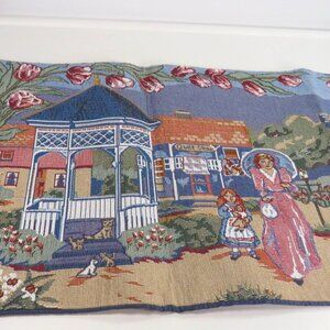 Quaint Turn of the Century Village Scene Tapestry Table Runner Tulips Gazebo